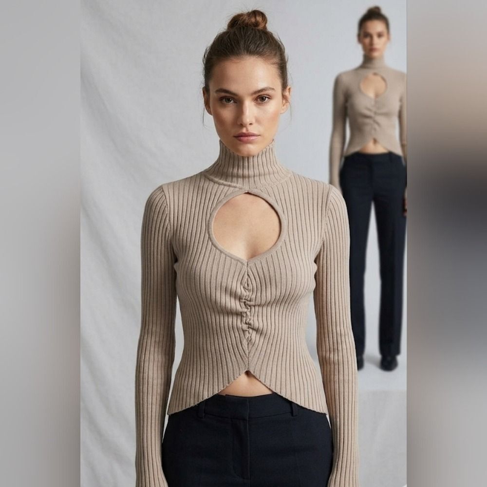 Zara Beige Ribbed Knit Cutout Turtleneck Ruched Sweater Small